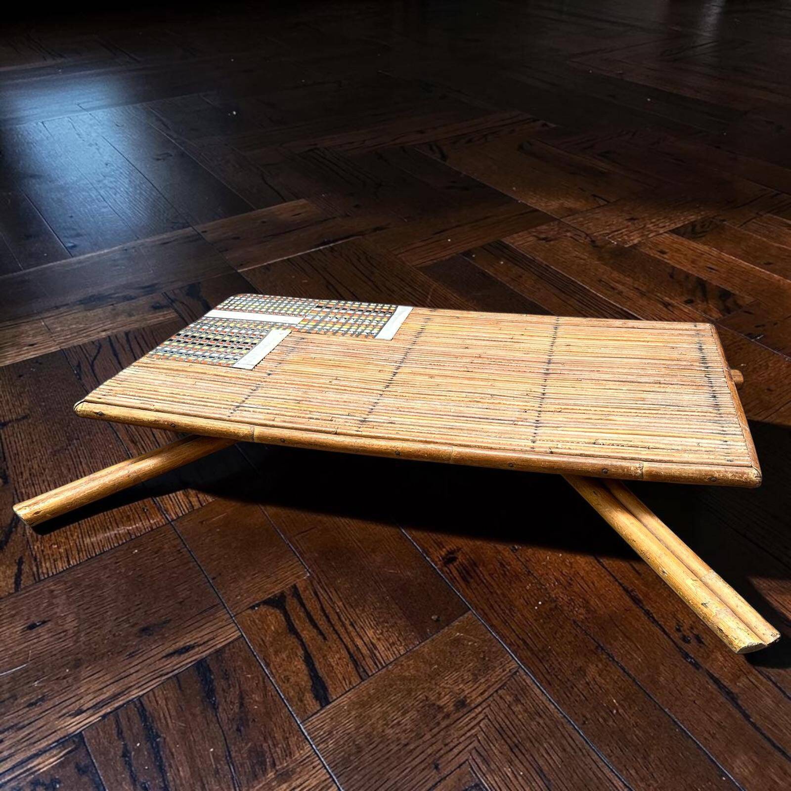 Rattan and ceramic coffee table by Roger Capron