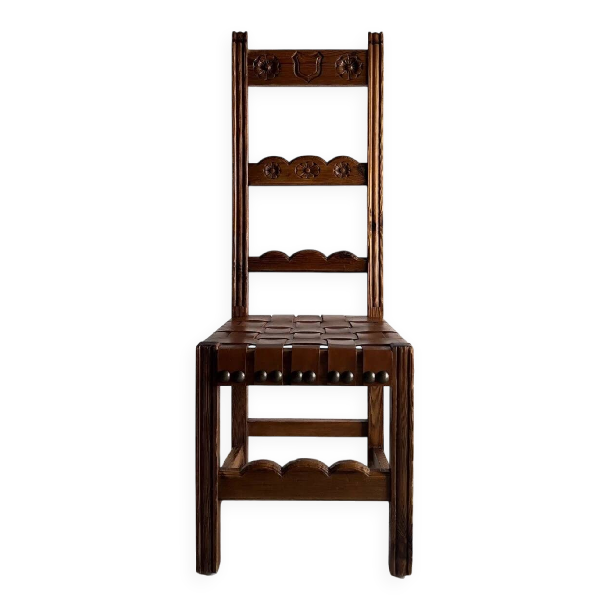 2 brutalist carved wood dining chairs with leather seat | The Netherlands | 1970s