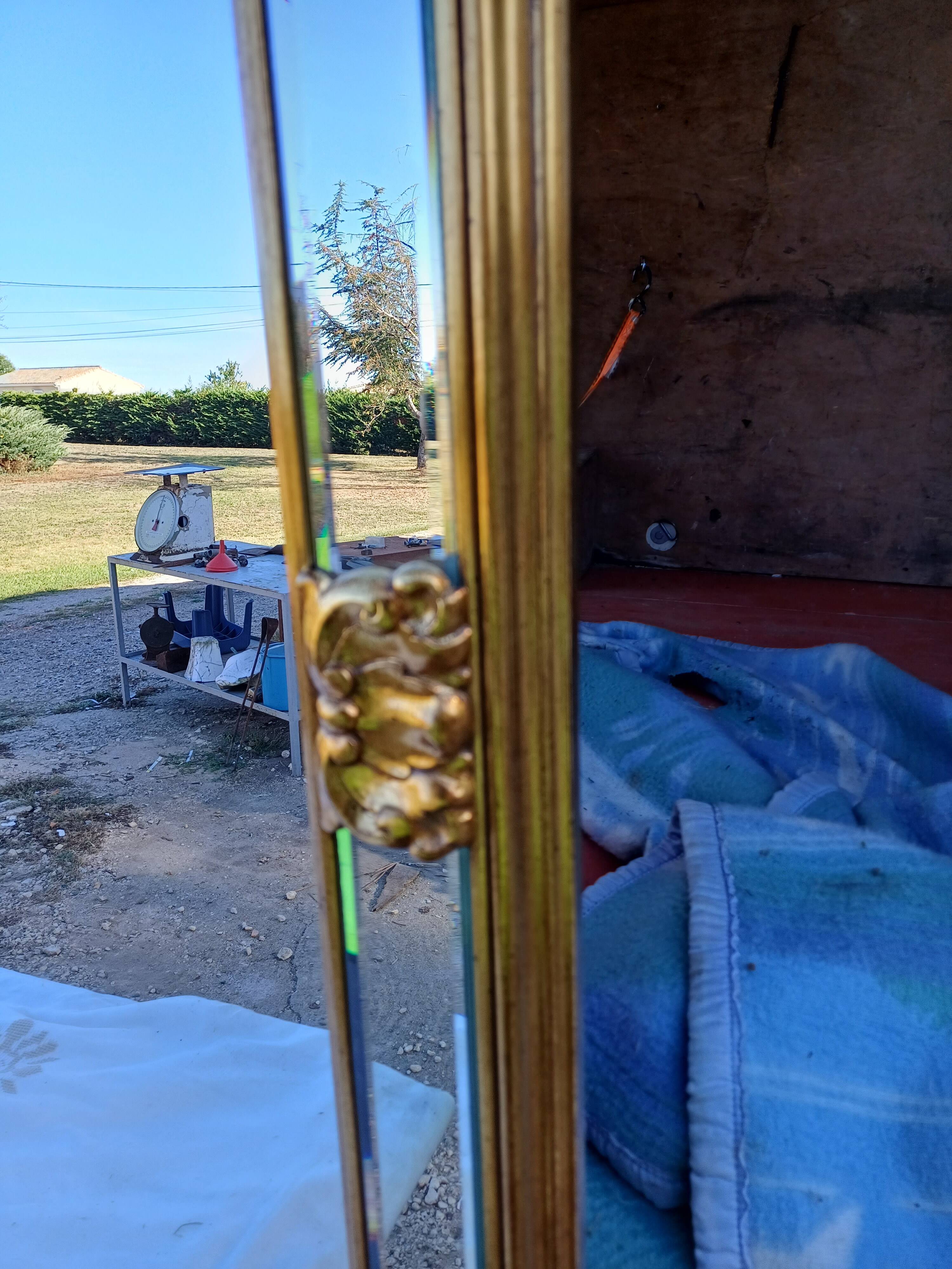 Pareclose and Beveled Wood and Golden Stuk Mirror