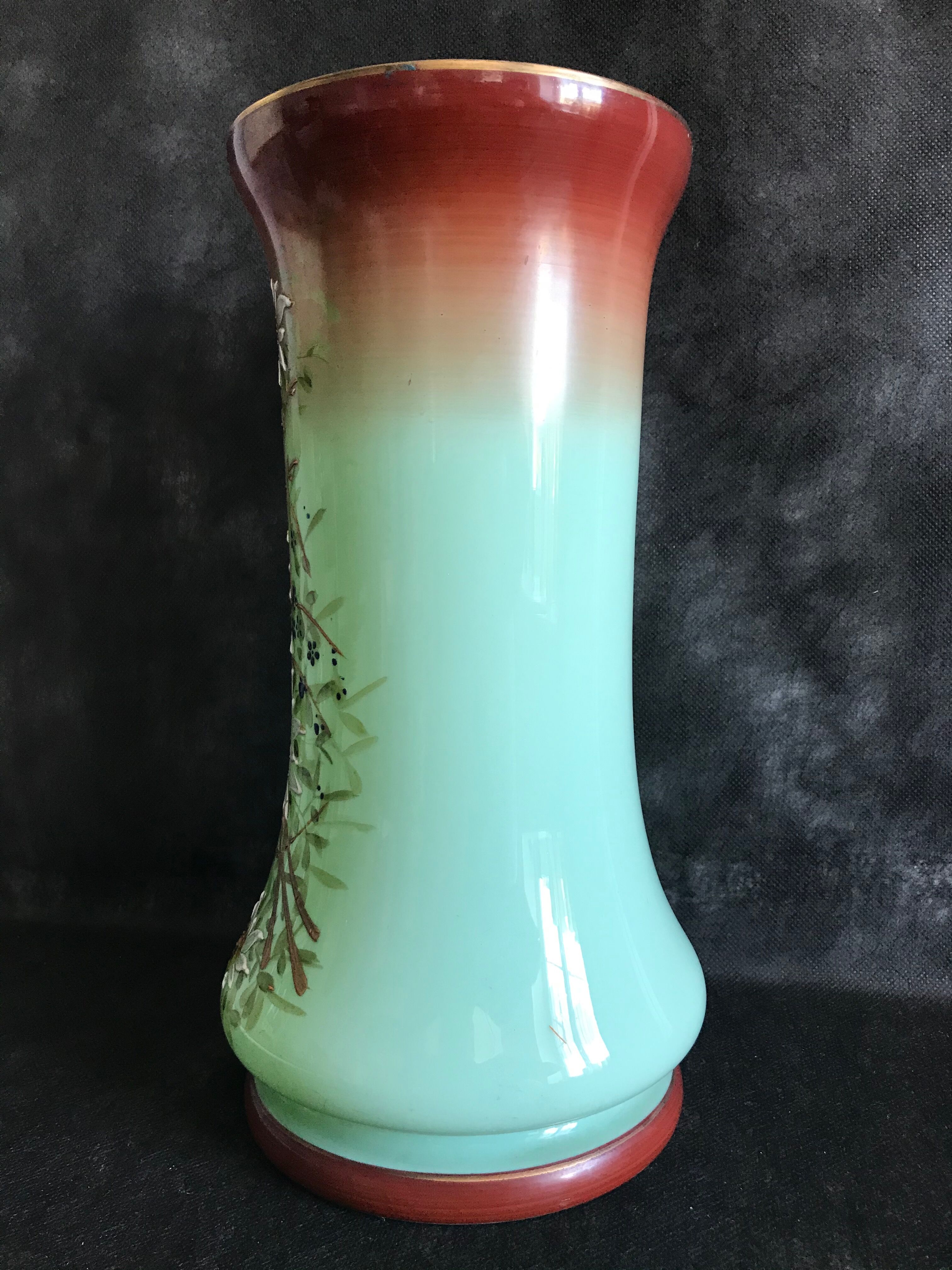 Vase Napoleon lll green opaline enamelled and gilded with fine gold