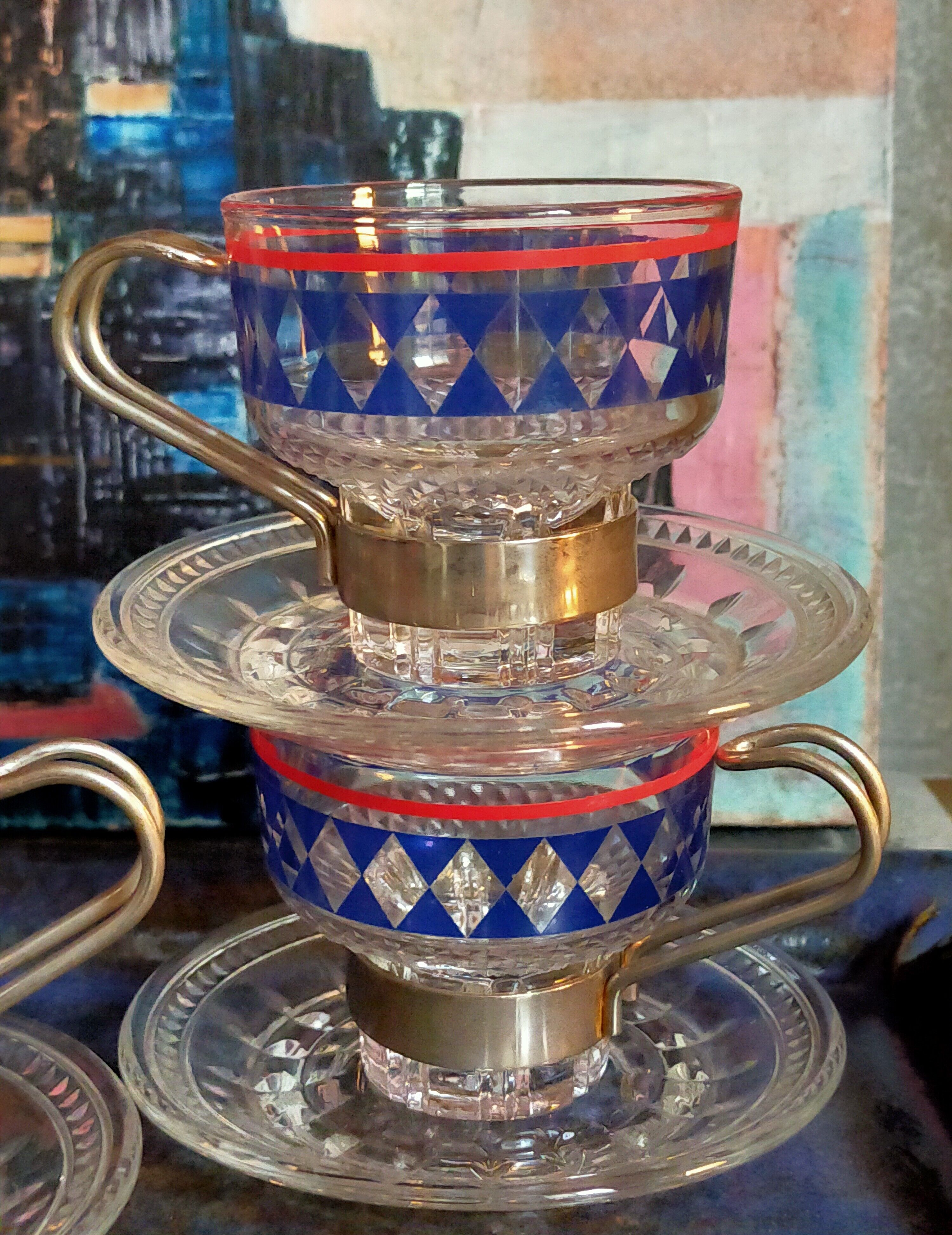 Four vintage coffee cups screen printed glass and metal