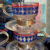 Four vintage coffee cups screen printed glass and metal