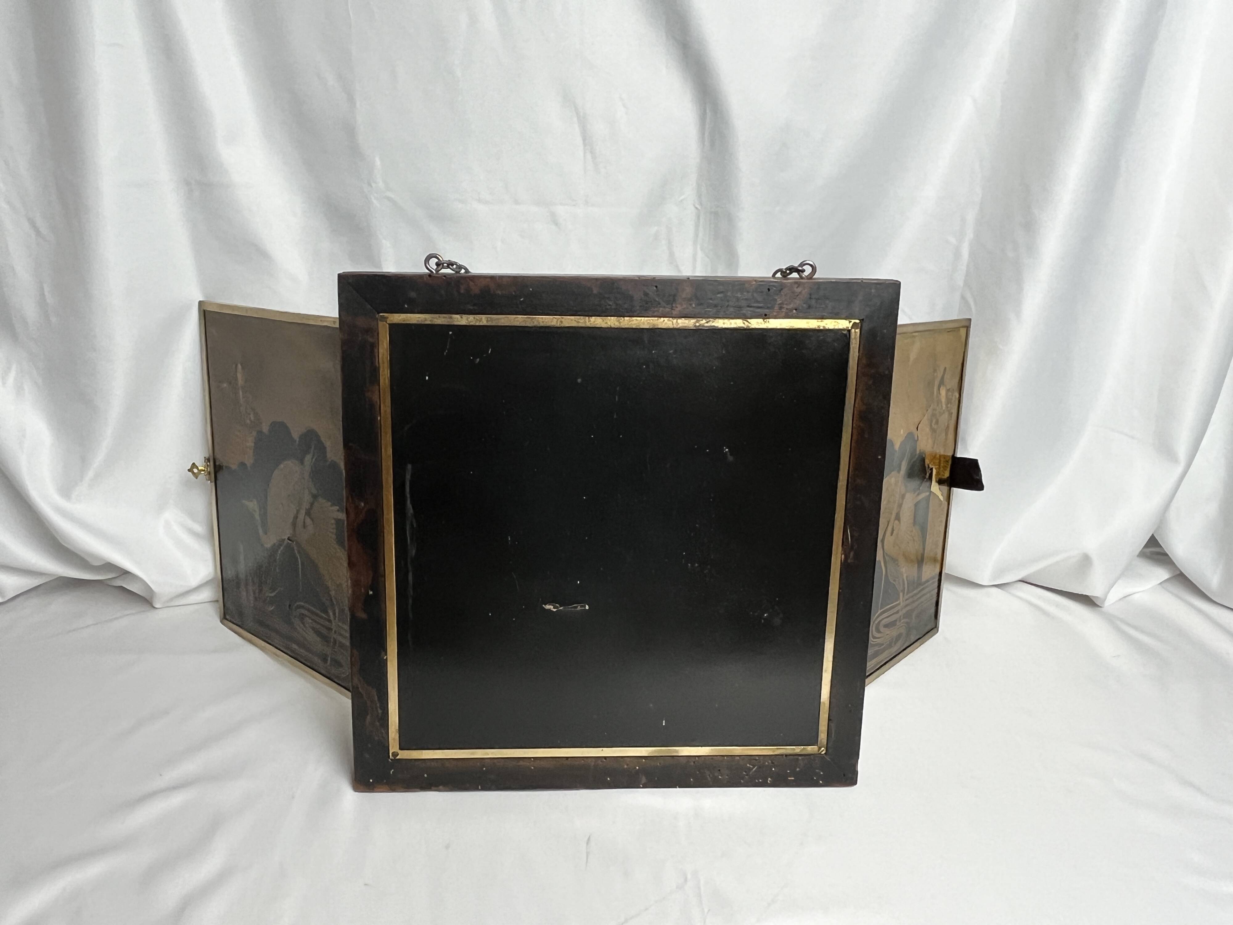 Japan, triptych mirror with brass wood and animated decor, early 20th century