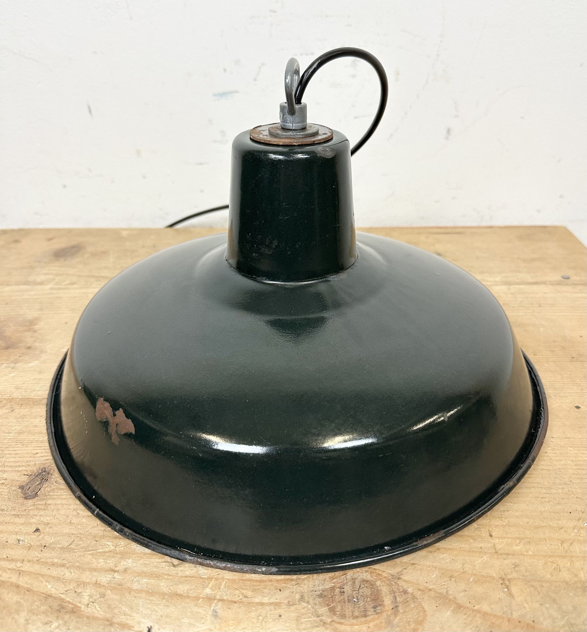 Industrial French Dark Green Enamel Factory Lamp, 1960s