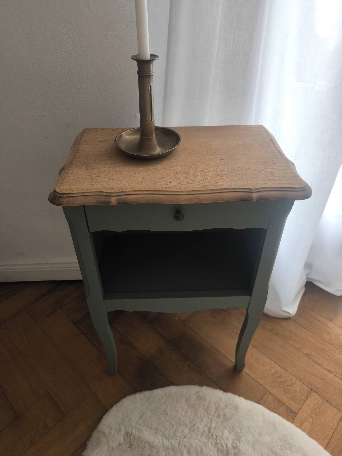 Louis XV bedside table revamped in solid oak and sage green/grey green.
