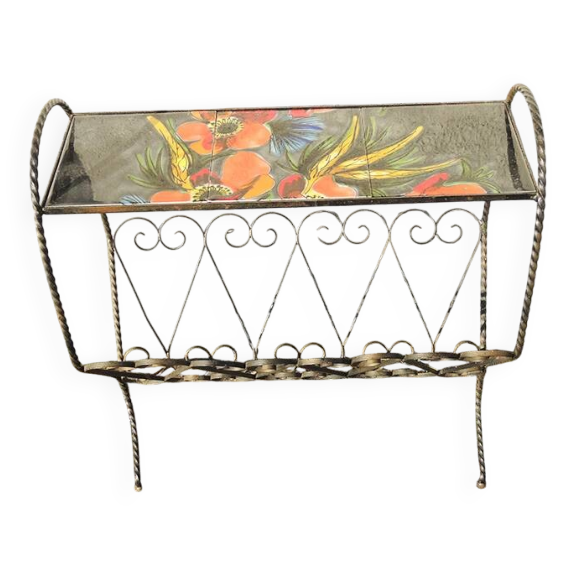 Antique wrought iron and ceramic magazine rack