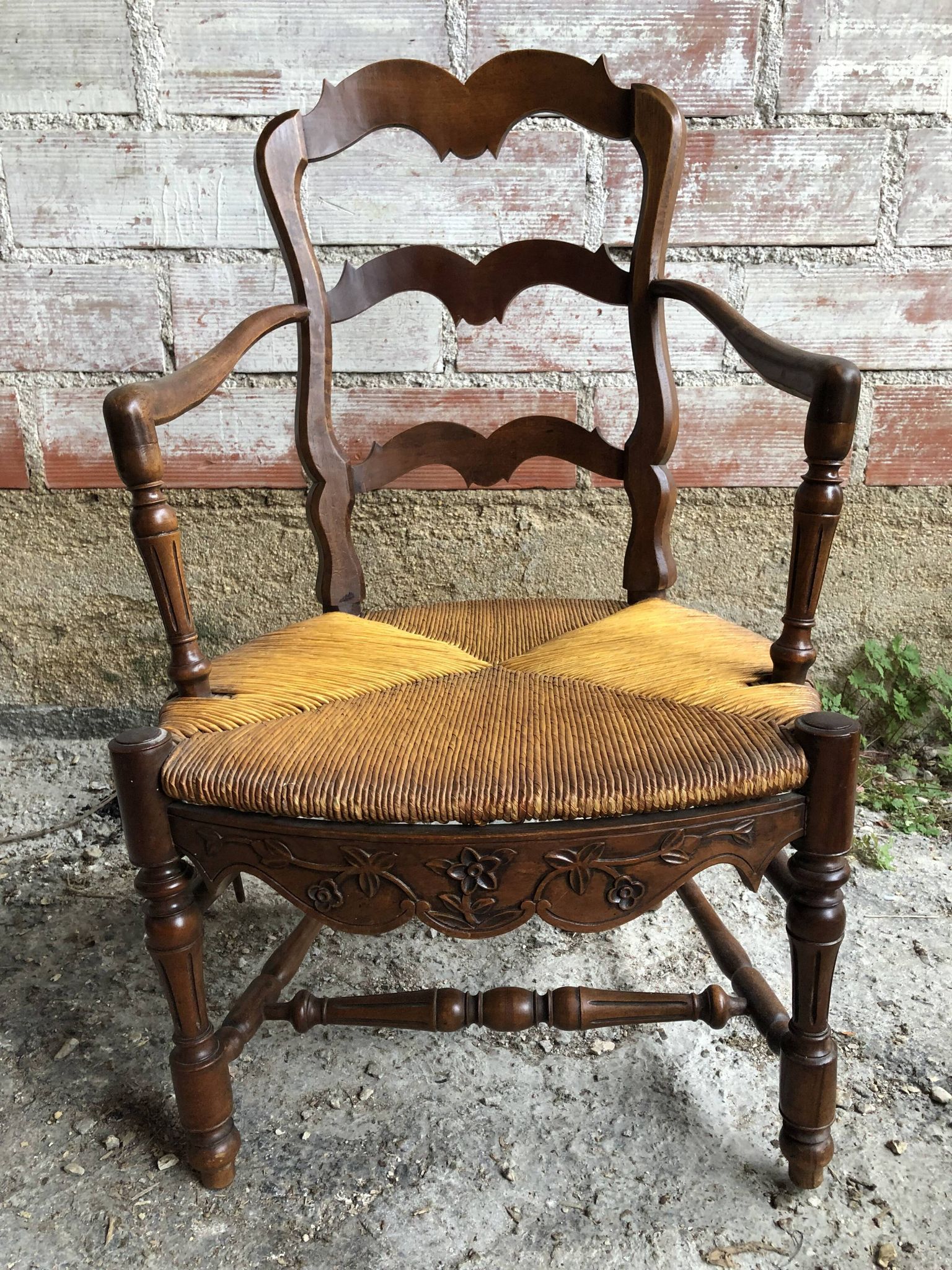 Pair Old Armchair Needle Wood Carved & Seat Paillé + Vintage Fabric Cover