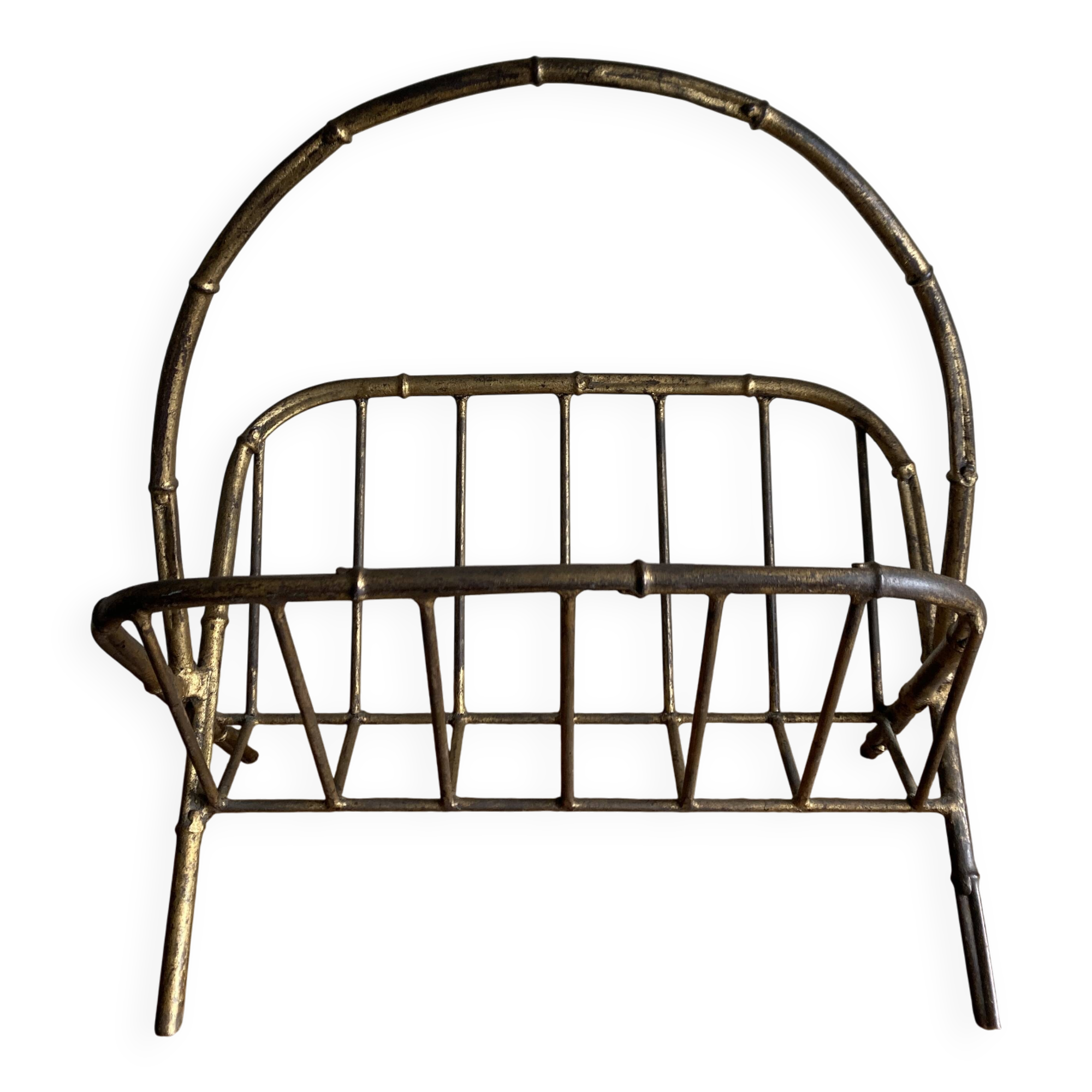 1960s magazine rack in gilded wrought iron, faux bamboo, Italian work