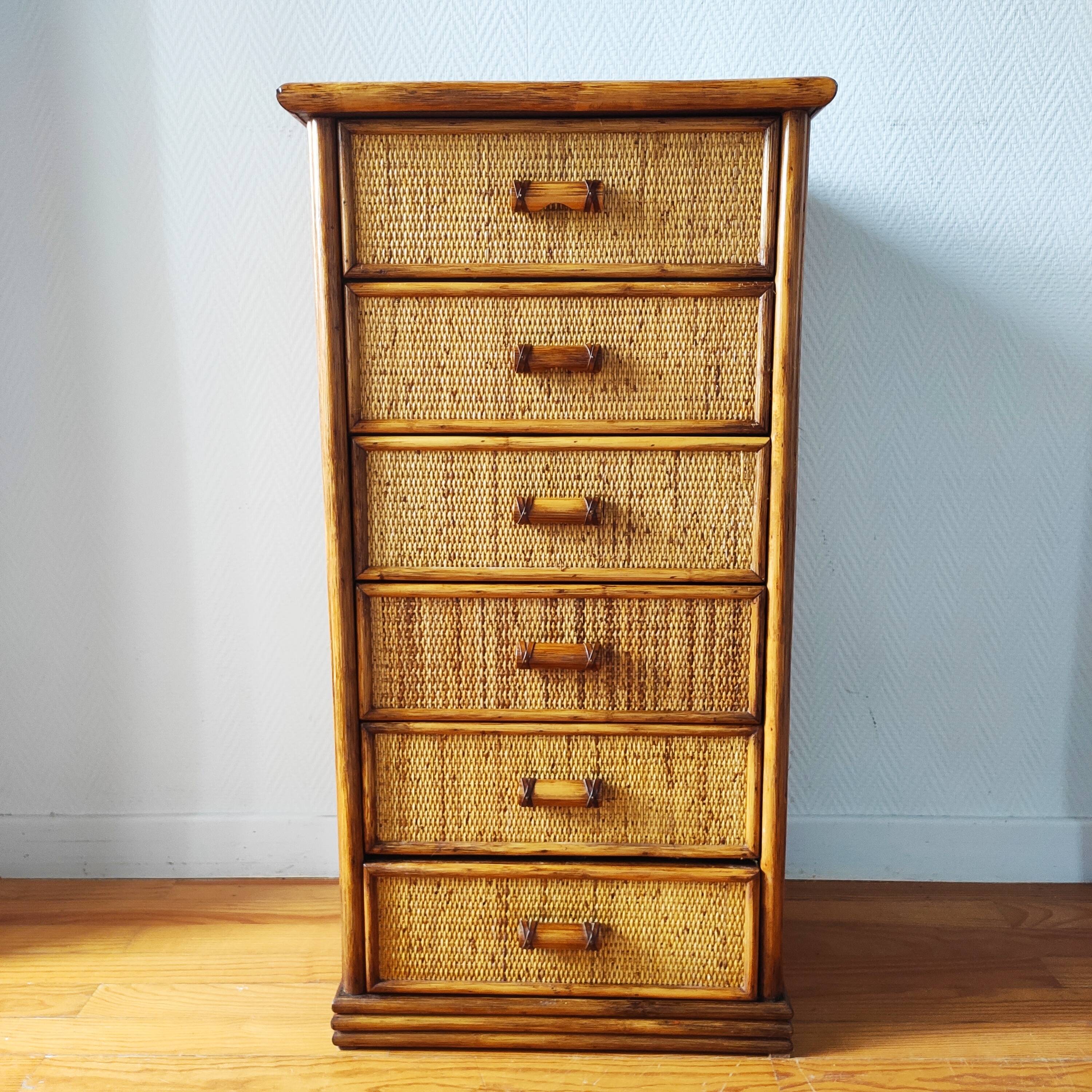 Vintage wicker and rattan chest of drawers