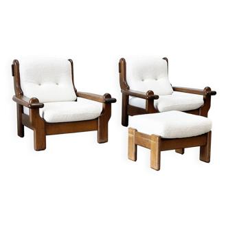 2 brutalist oak and bouclé french lounge chairs