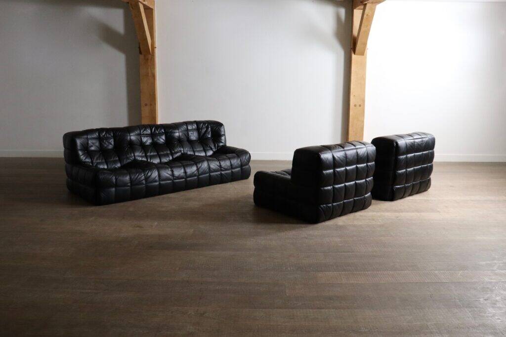 Kashima three seater sofa in black leather by Michel Ducaroy for Ligne Roset, 1970s