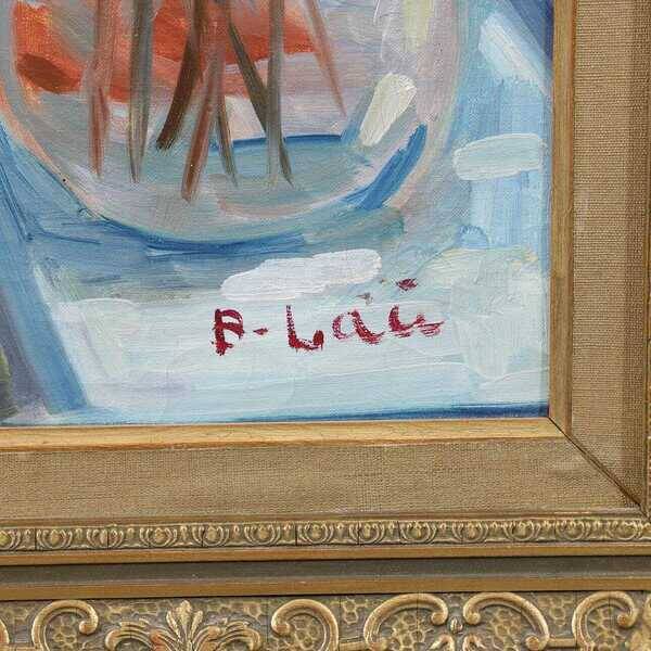 Original Swedish oil on canvas – “Woman with Flowers” by Bendt Lauritzen – signed, framed 82 × 72 cm (32.3" × 28.3")