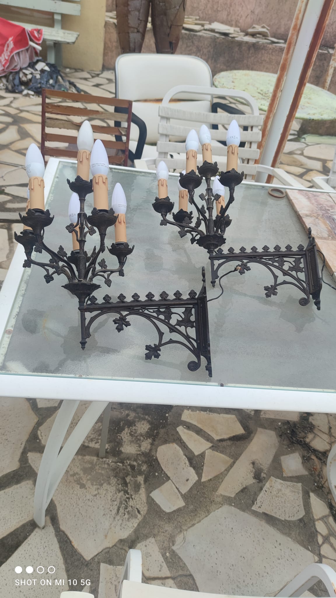 Pair of 19th-century bronze cathedral wall sconces with 5 lights