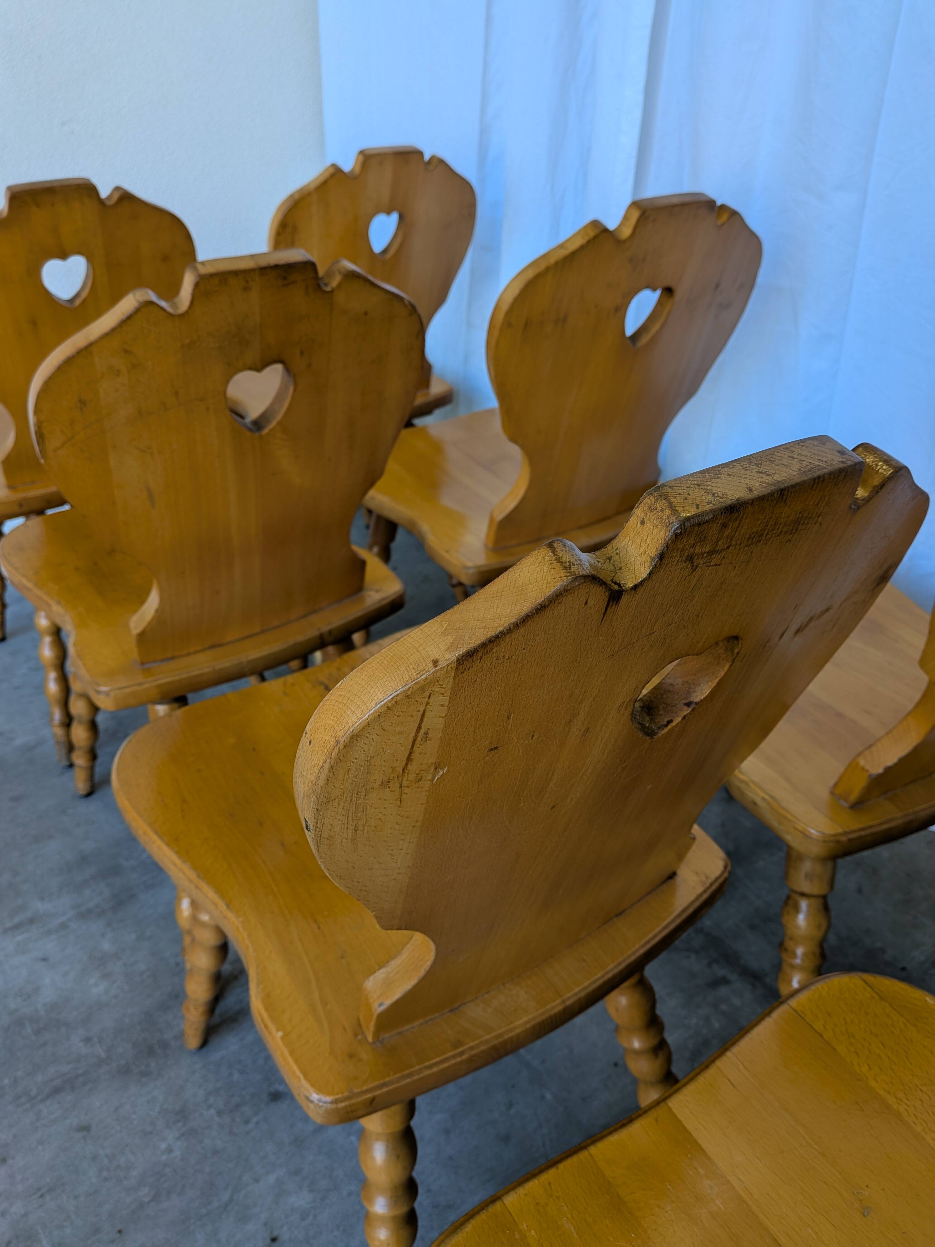 Set of 8 Vintage Tyrolean Heart Cutout Wooden Dining Chairs, Rustic Farmhou
