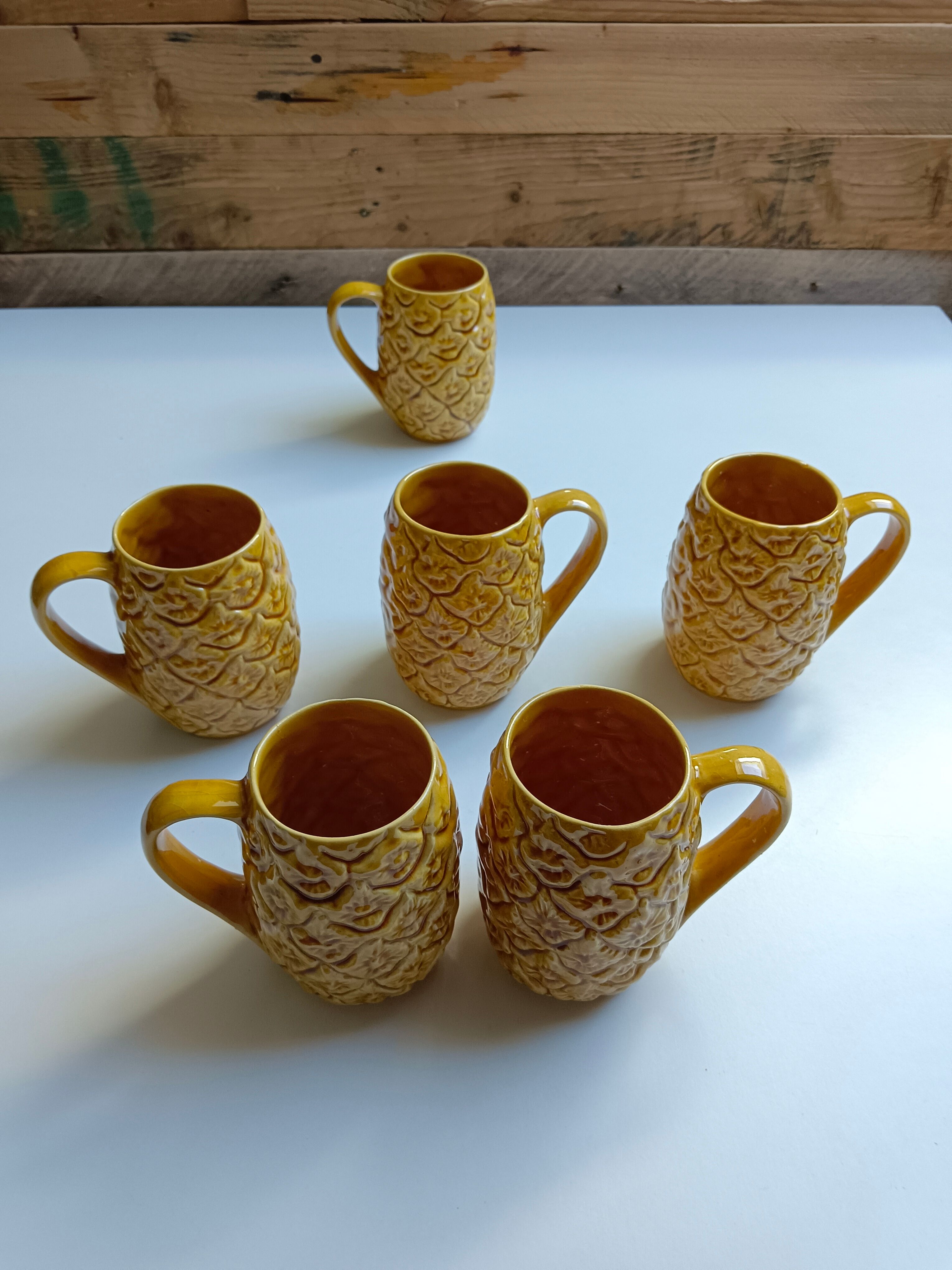 Handmade yellow pineapple mugs signed Kerangol made in Portugal.