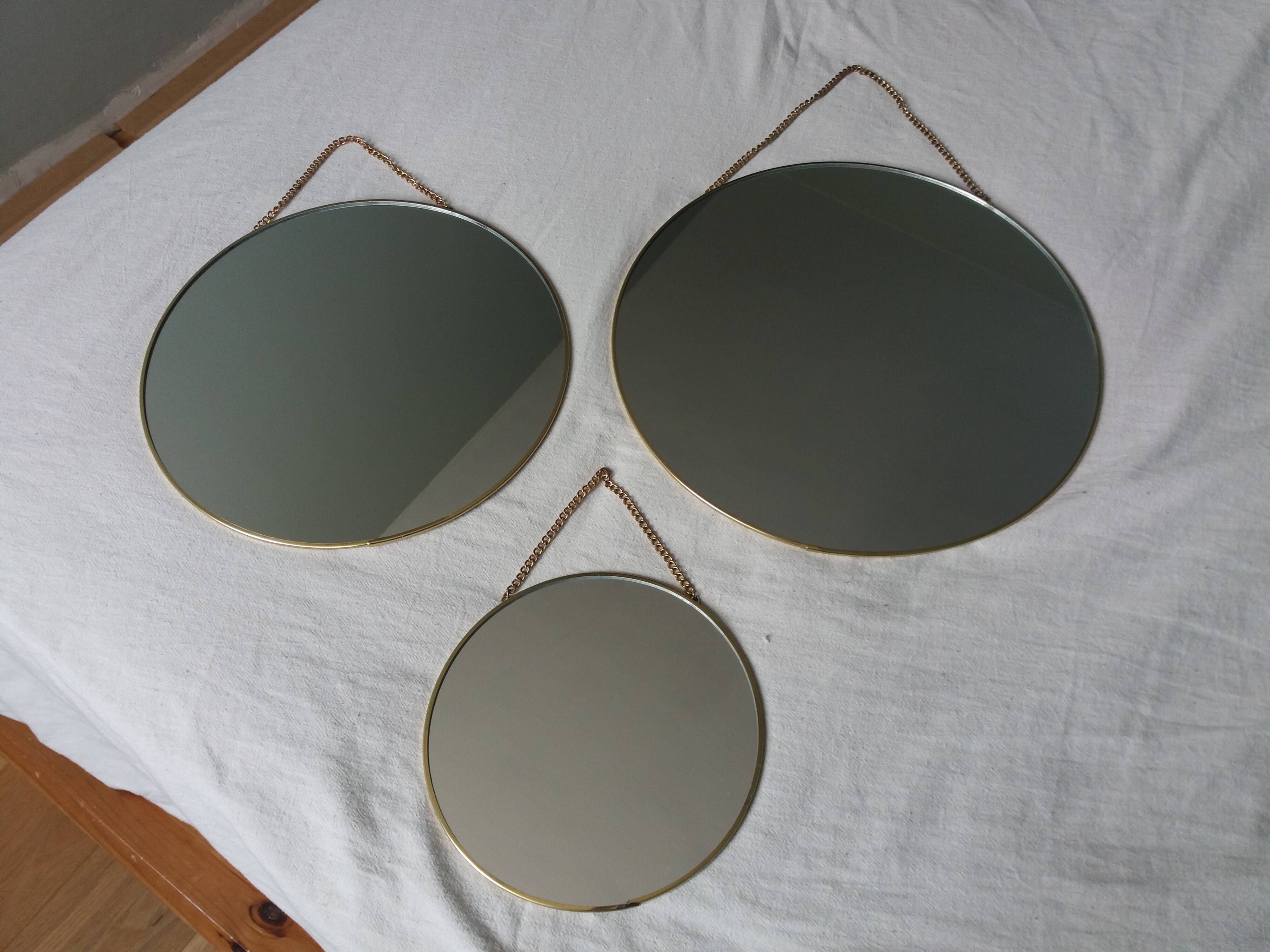 3 miroirs ronds métal doré, diametre 35, 30 et 20 cm