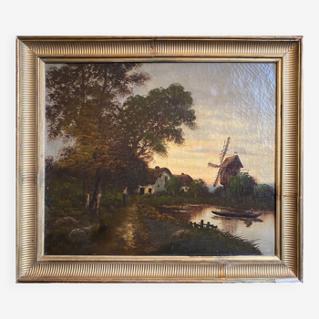 HST painting "Animated landscape at dusk" 19th century