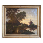 Tableau HST "Paysage animé au crepuscule" XIX° siècle
