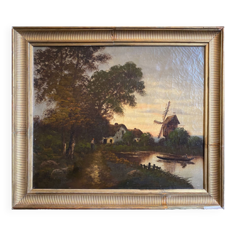 Tableau HST "Paysage animé au crepuscule" XIX° siècle