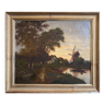 Tableau HST "Paysage animé au crepuscule" XIX° siècle