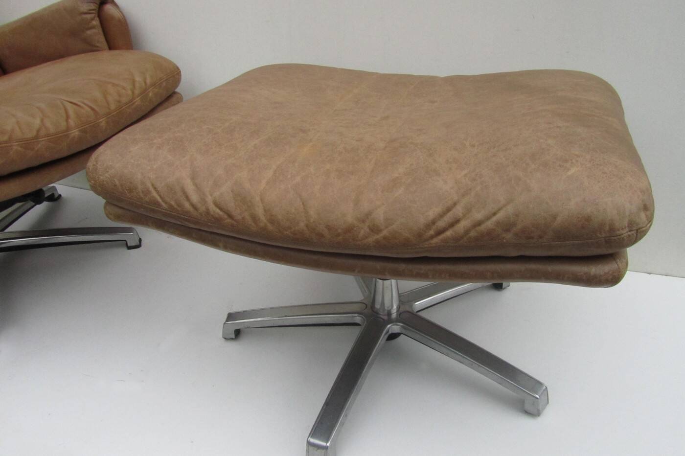 Mid-century vintage high back leather Swivel Armchair with Ottoman, 1970s