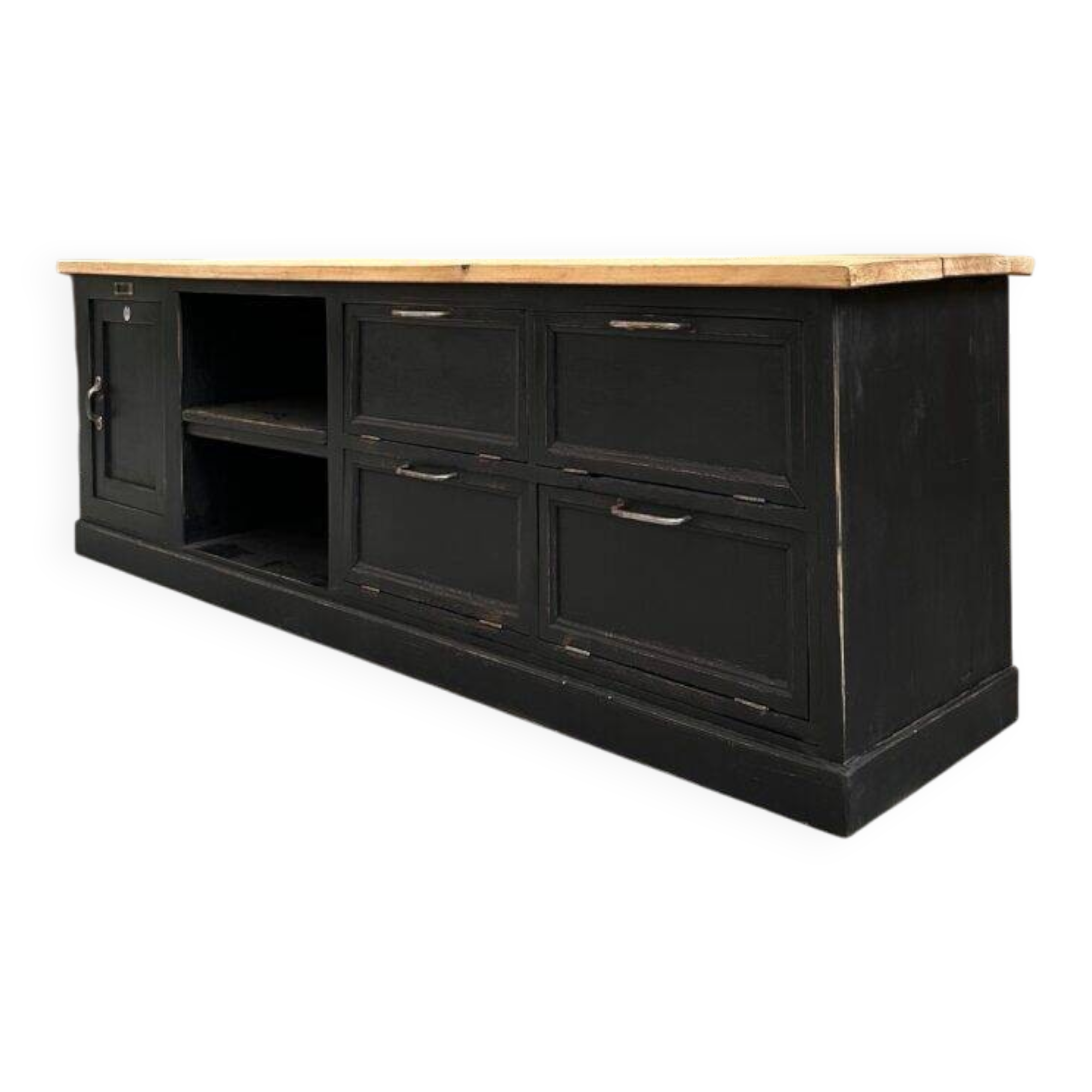 Old workshop furniture transformed into a TV unit.