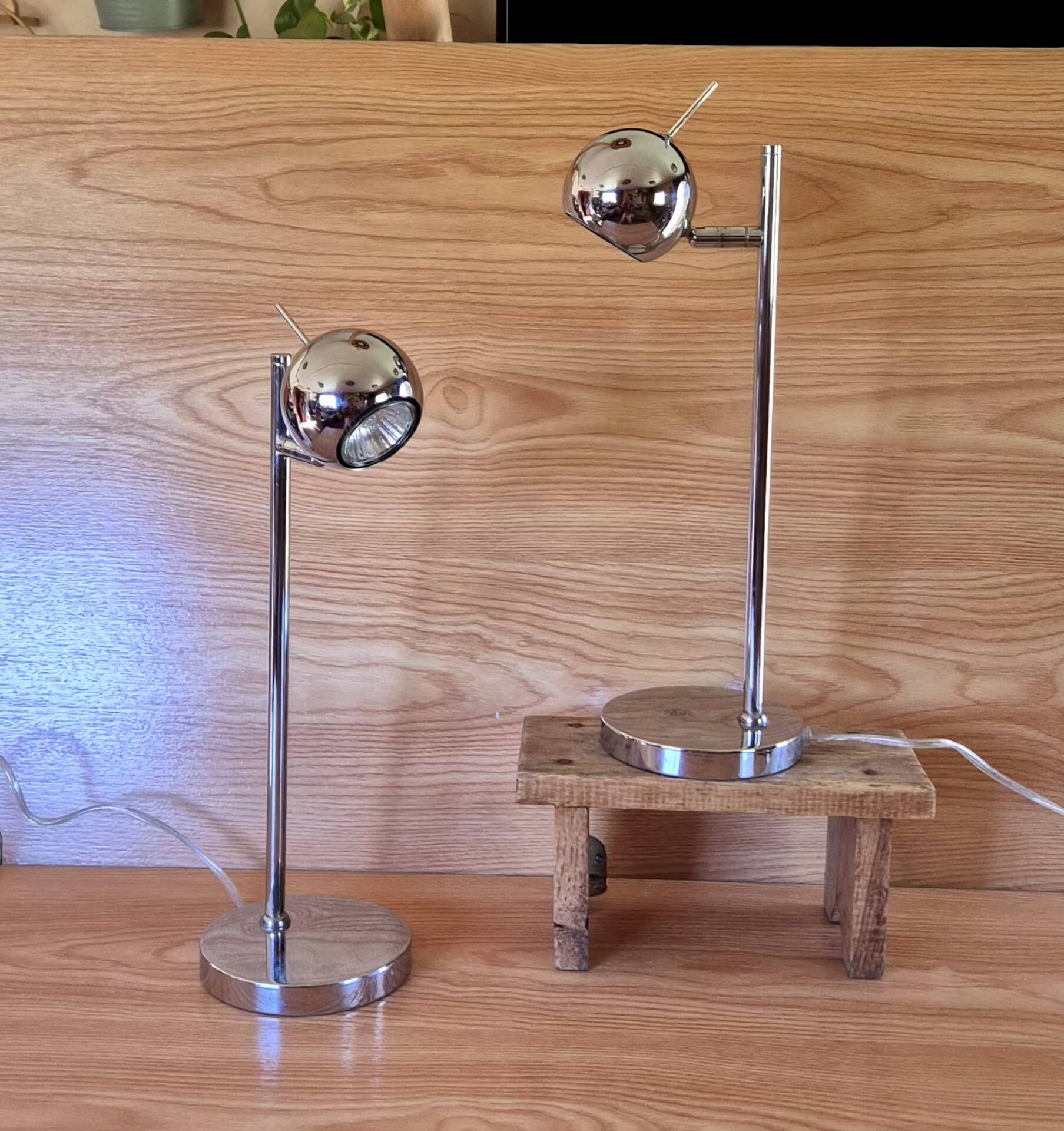 Set of 2 vintage 1970s chrome steel eye ball lamps.