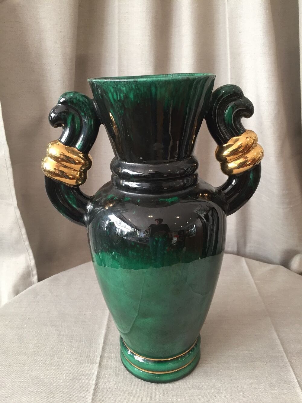 Vase in light green and dark ceramic and golden years 1950