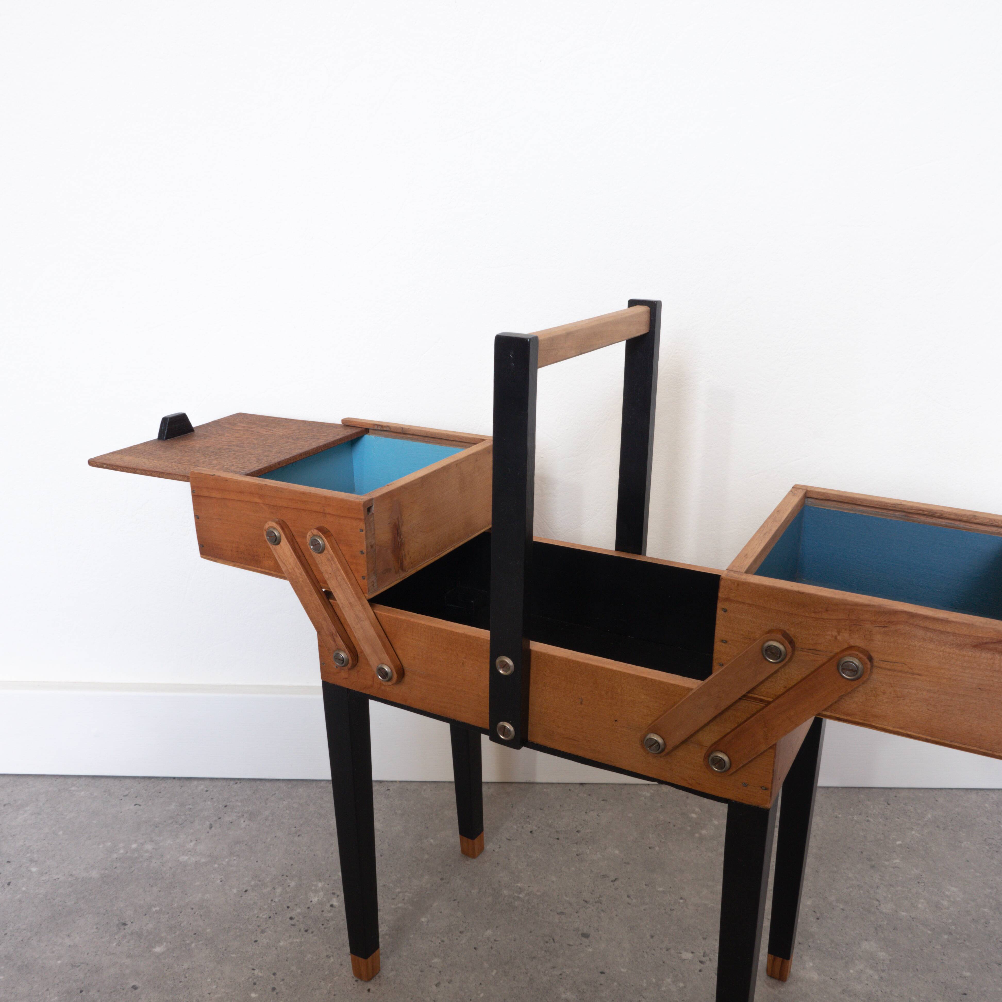 Old wood worker, black feet, blue interior