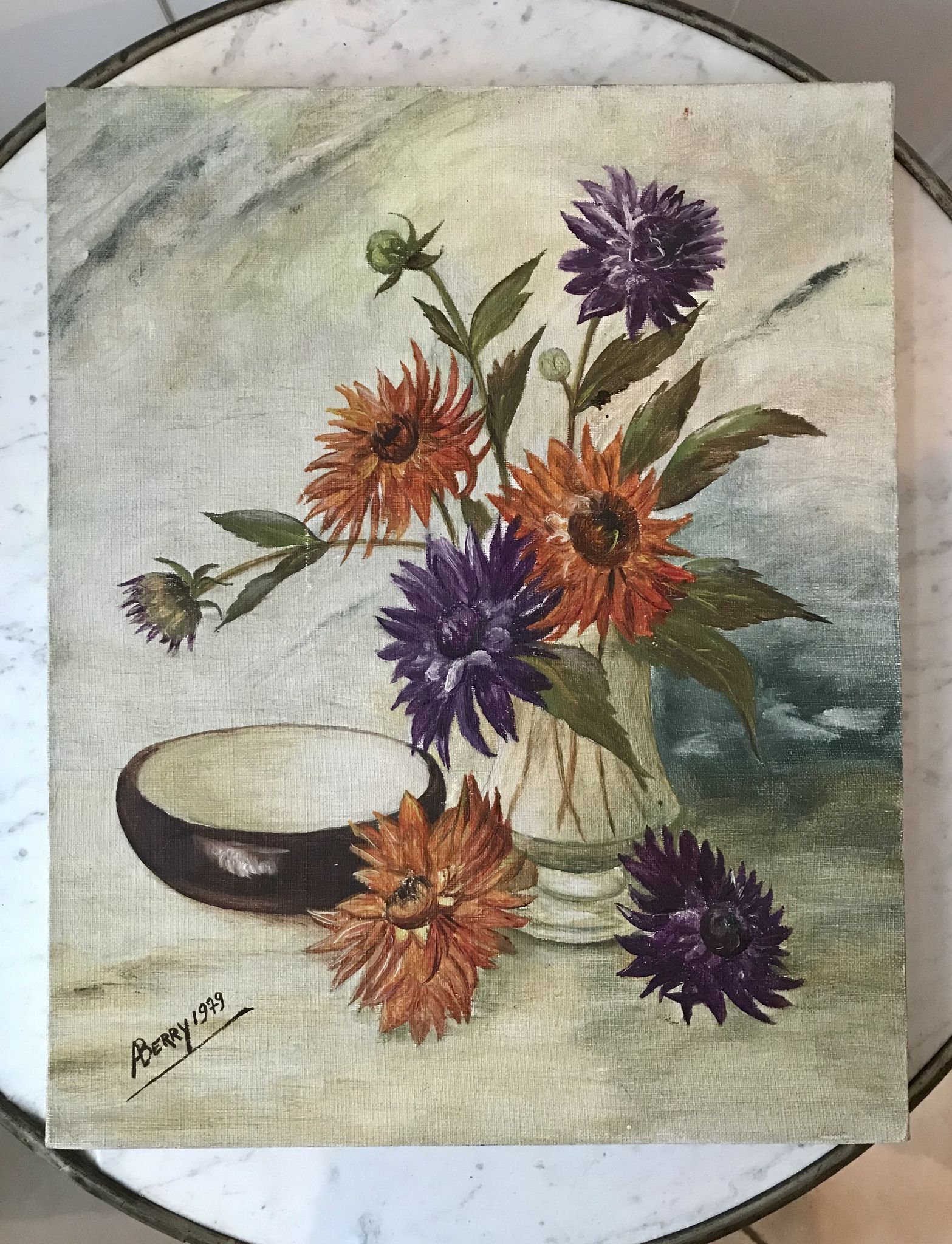 Oil painting on canvas still life bouquet buttercups and lilacs signed vintage