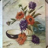 Oil painting on canvas still life bouquet buttercups and lilacs signed vintage