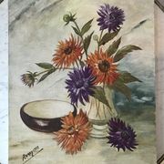 Oil painting on canvas still life bouquet buttercups and lilacs signed vintage