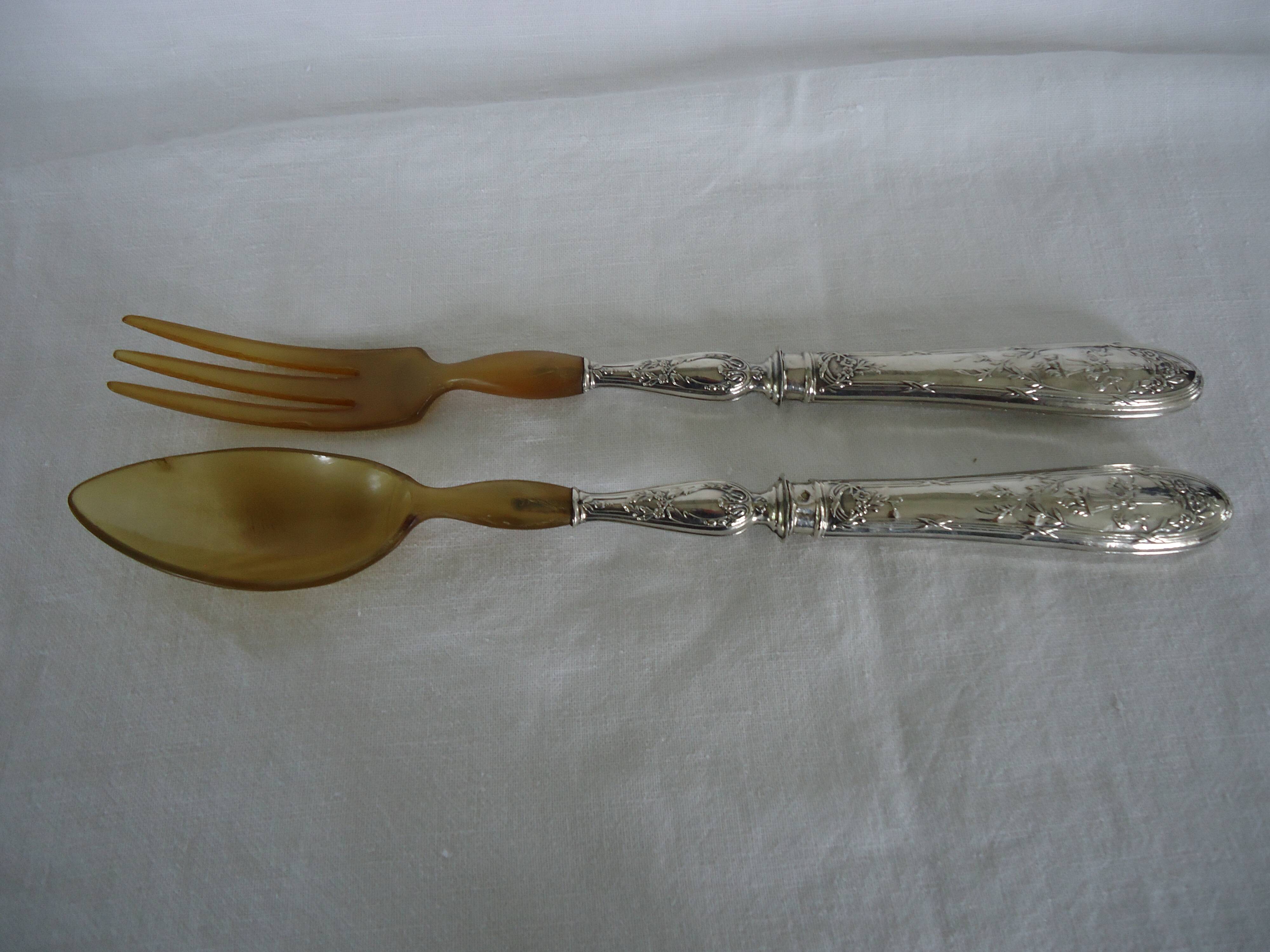Pair of horn and silver-plated salad servers