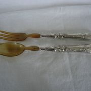 Pair of horn and silver-plated salad servers