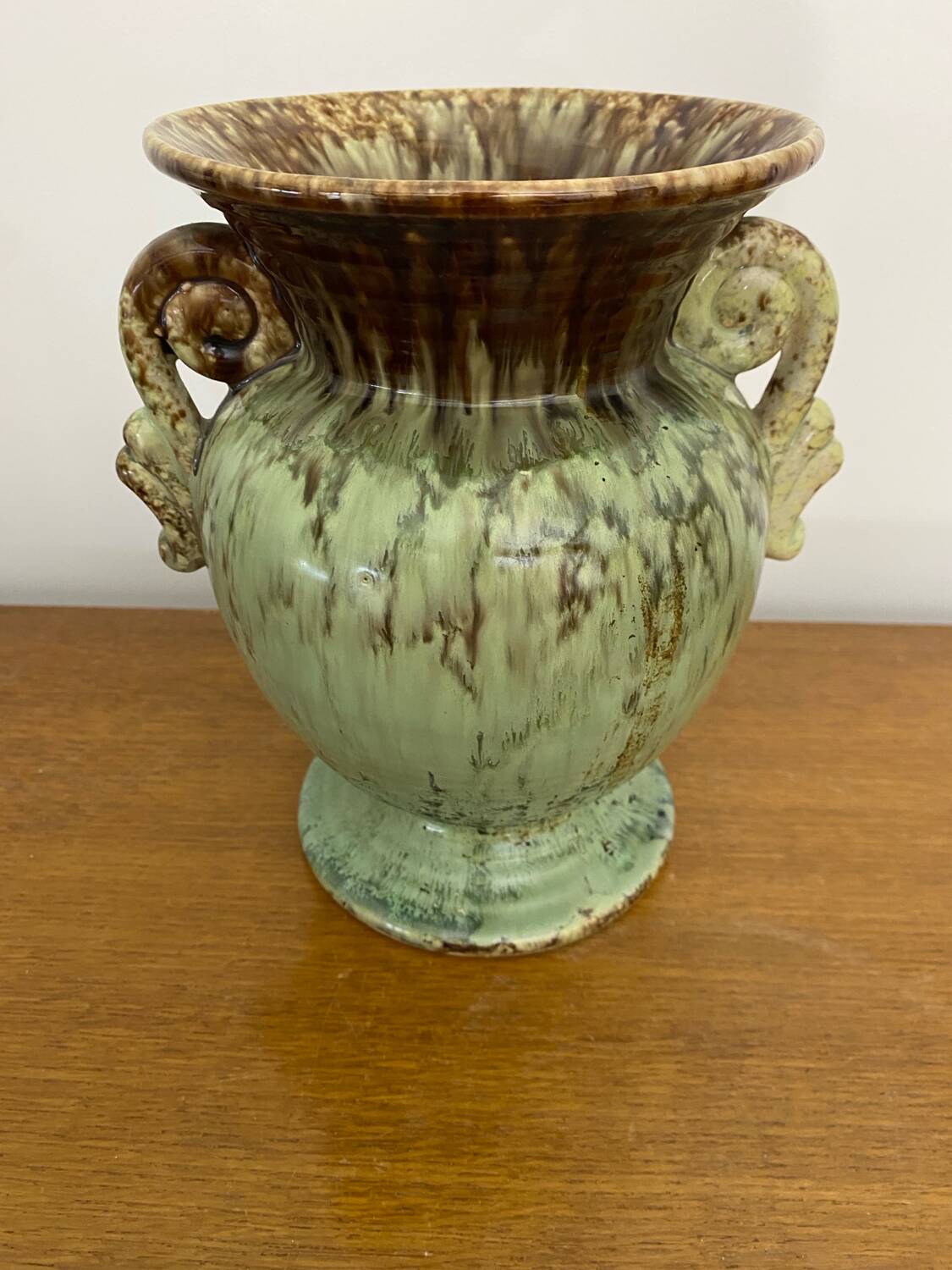 Antique Green Brown Ceramic Baluster Vase Vintage Decoration