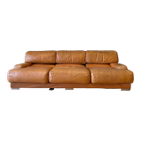 Vintage 3-seater sofa Gérard Guermonprez fawn and stainless steel leather, France 1970