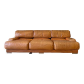 Canapé 3 places vintage Gérard Guermonprez cuir fauve et inox, France 1970