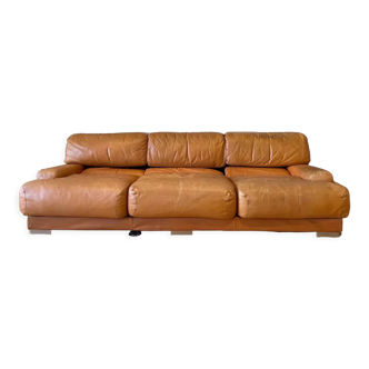 Vintage 3-seater sofa Gérard Guermonprez fawn and stainless steel leather, France 1970
