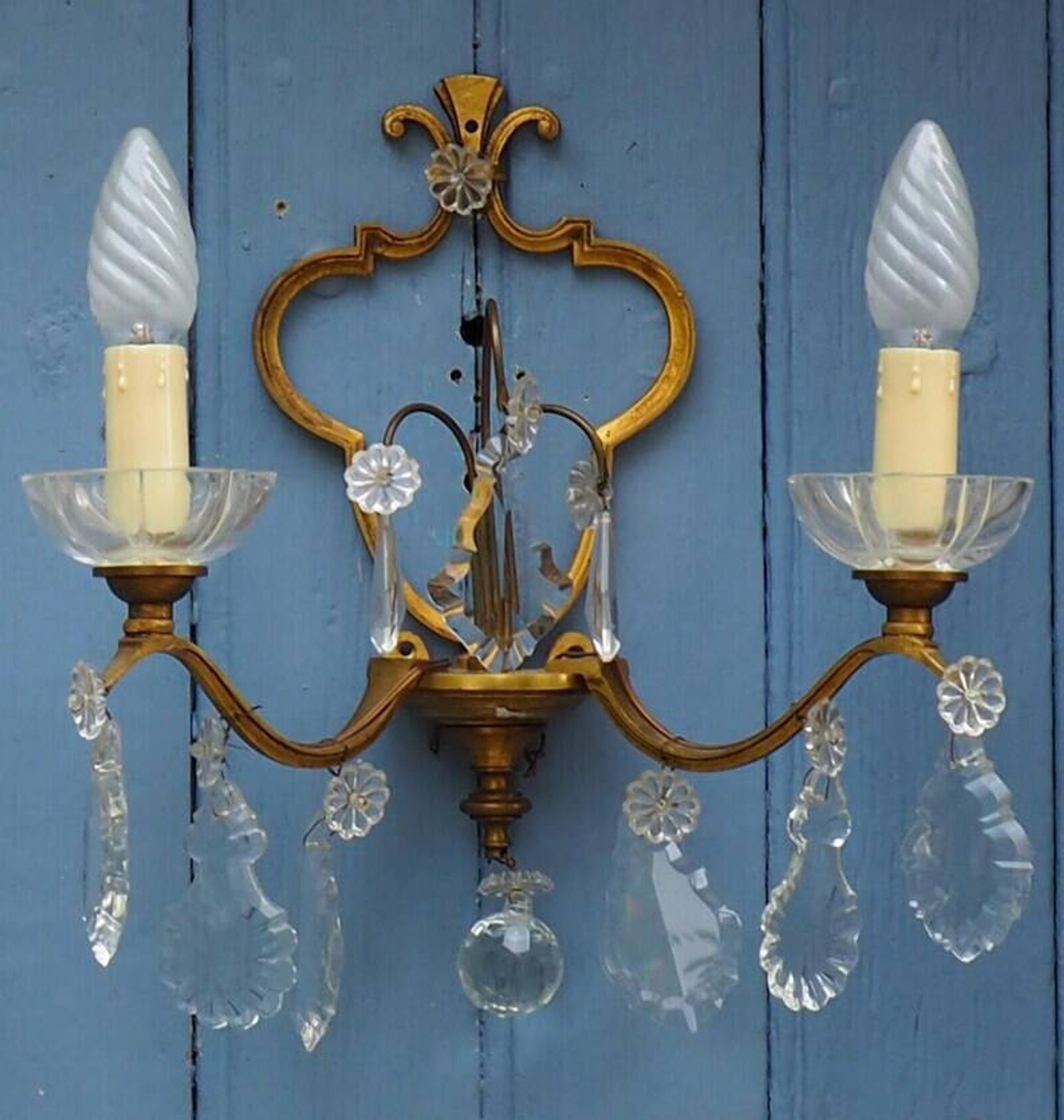 Gilt Bronze French Antique wall Sconces: Crystal Drops, Twin Arms, C1940s