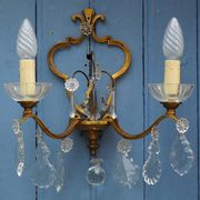 Gilt Bronze French Antique wall Sconces: Crystal Drops, Twin Arms, C1940s