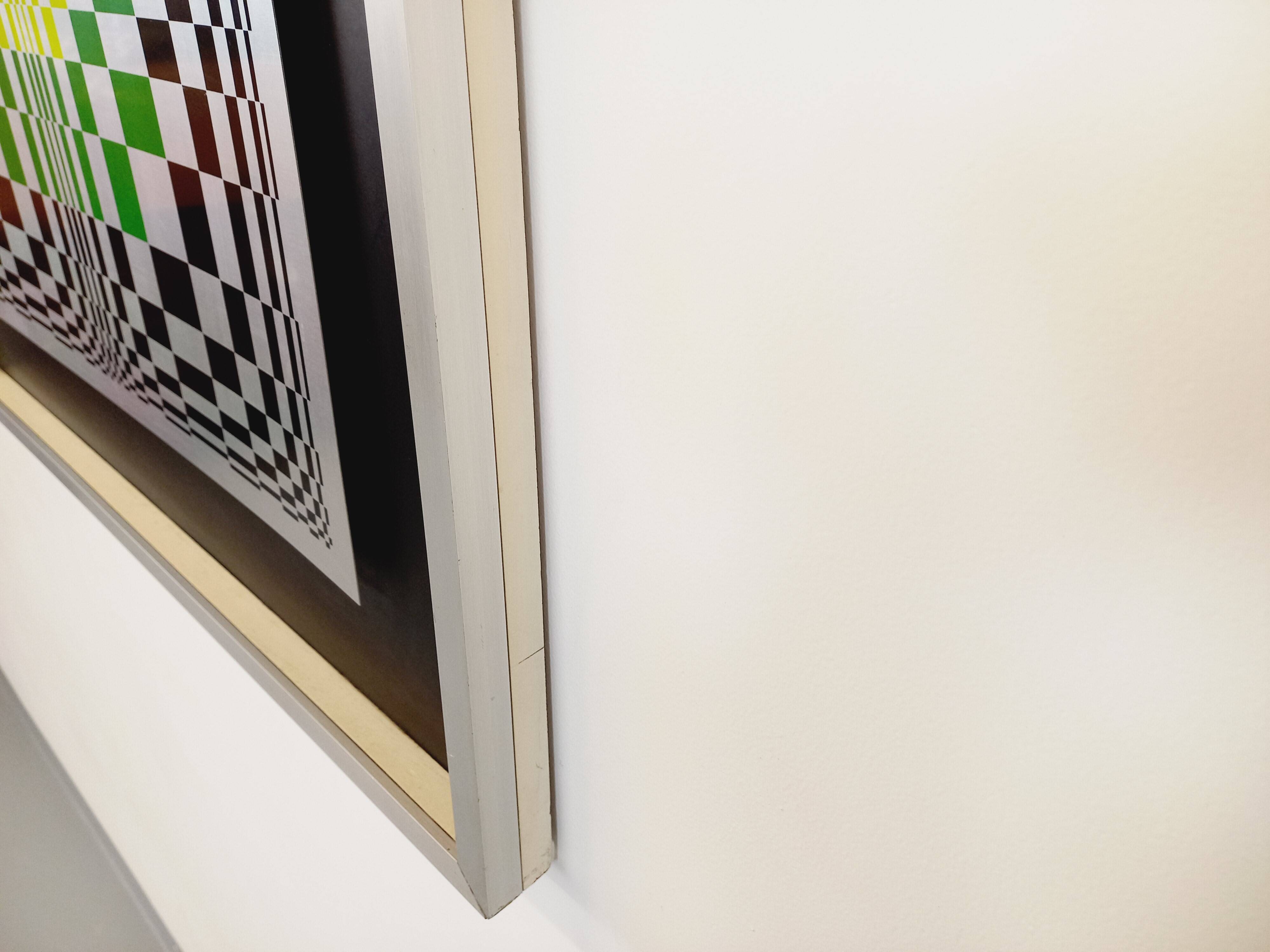 Typical silkscreen painting in kinetic checkerboard on aluminum, Italian abstract design in Vasarely style