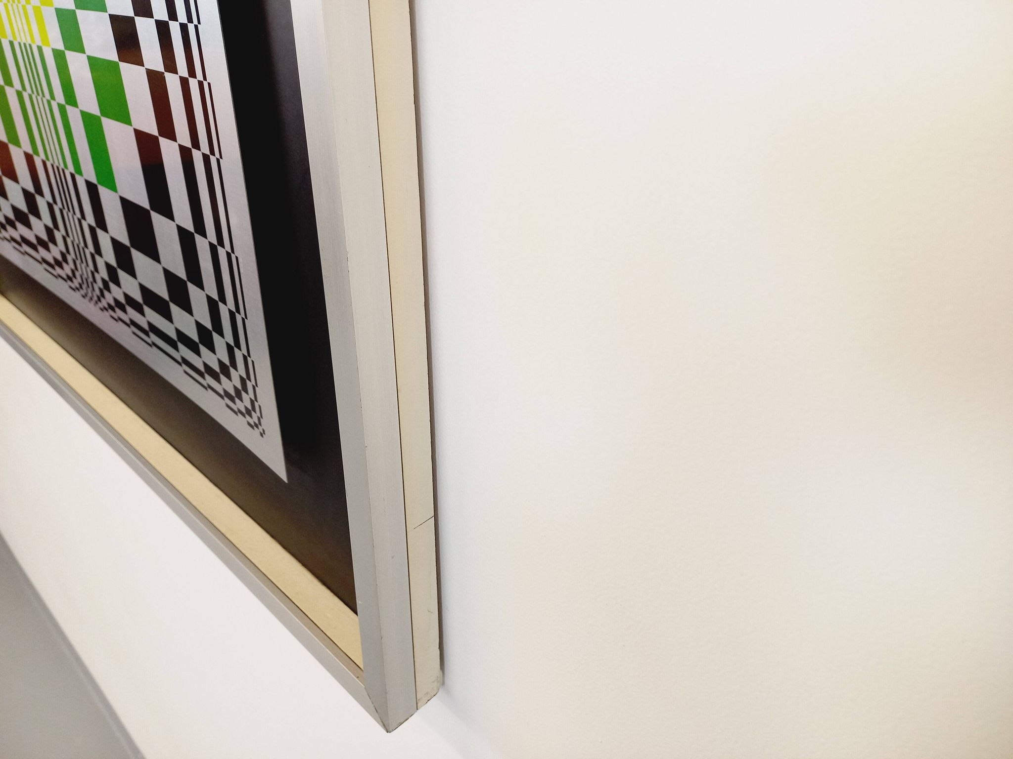 Typical silkscreen painting in kinetic checkerboard on aluminum, Italian abstract design in Vasarely style