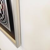 Typical silkscreen painting in kinetic checkerboard on aluminum, Italian abstract design in Vasarely style