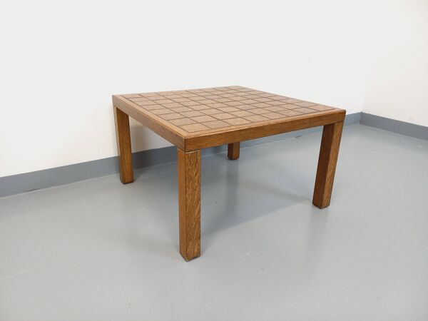 Table basse carrée vintage en bois de chêne et céramique des années 60 70