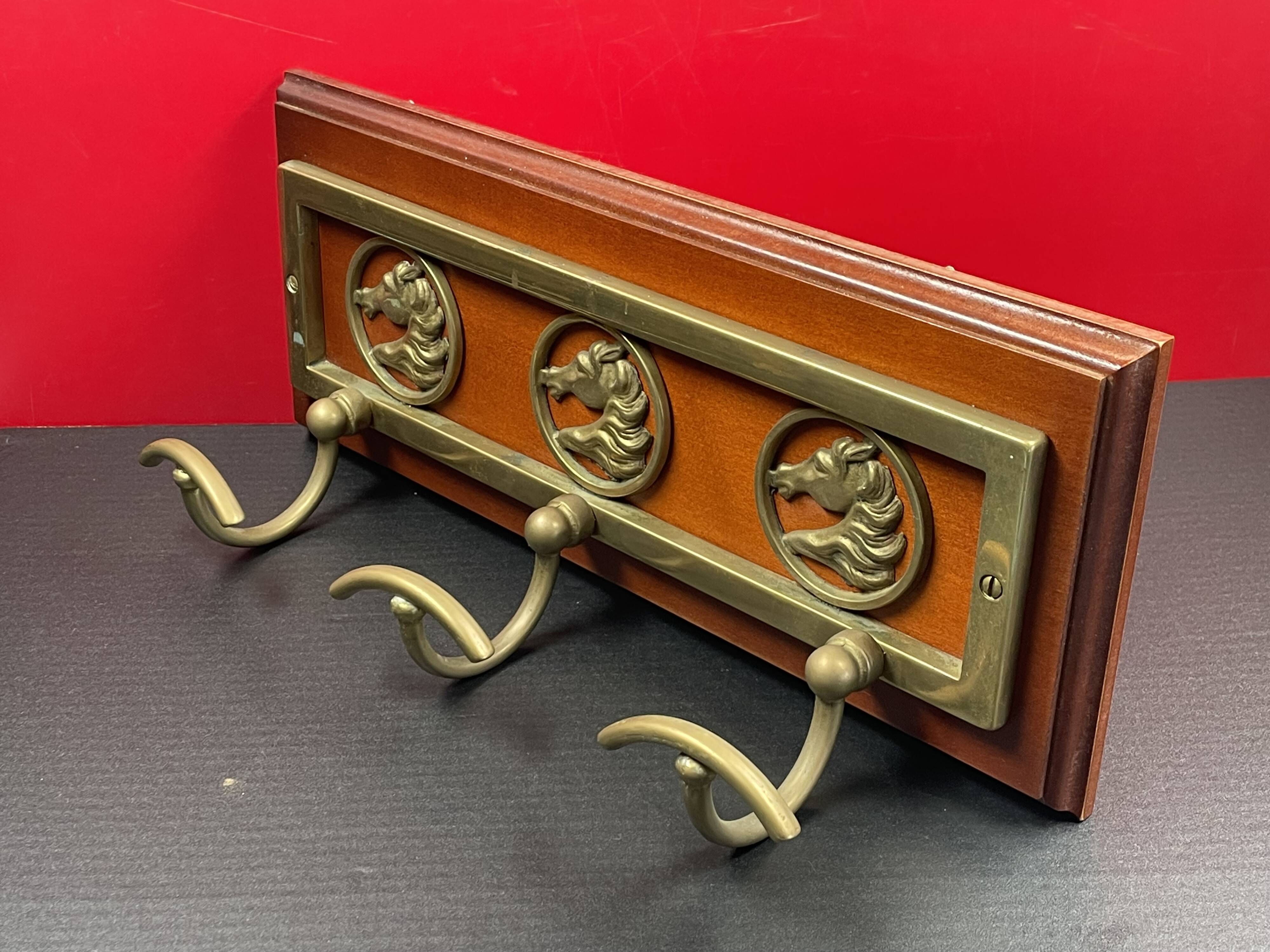 Wood and brass coat rack - 3 hooks. 39cm