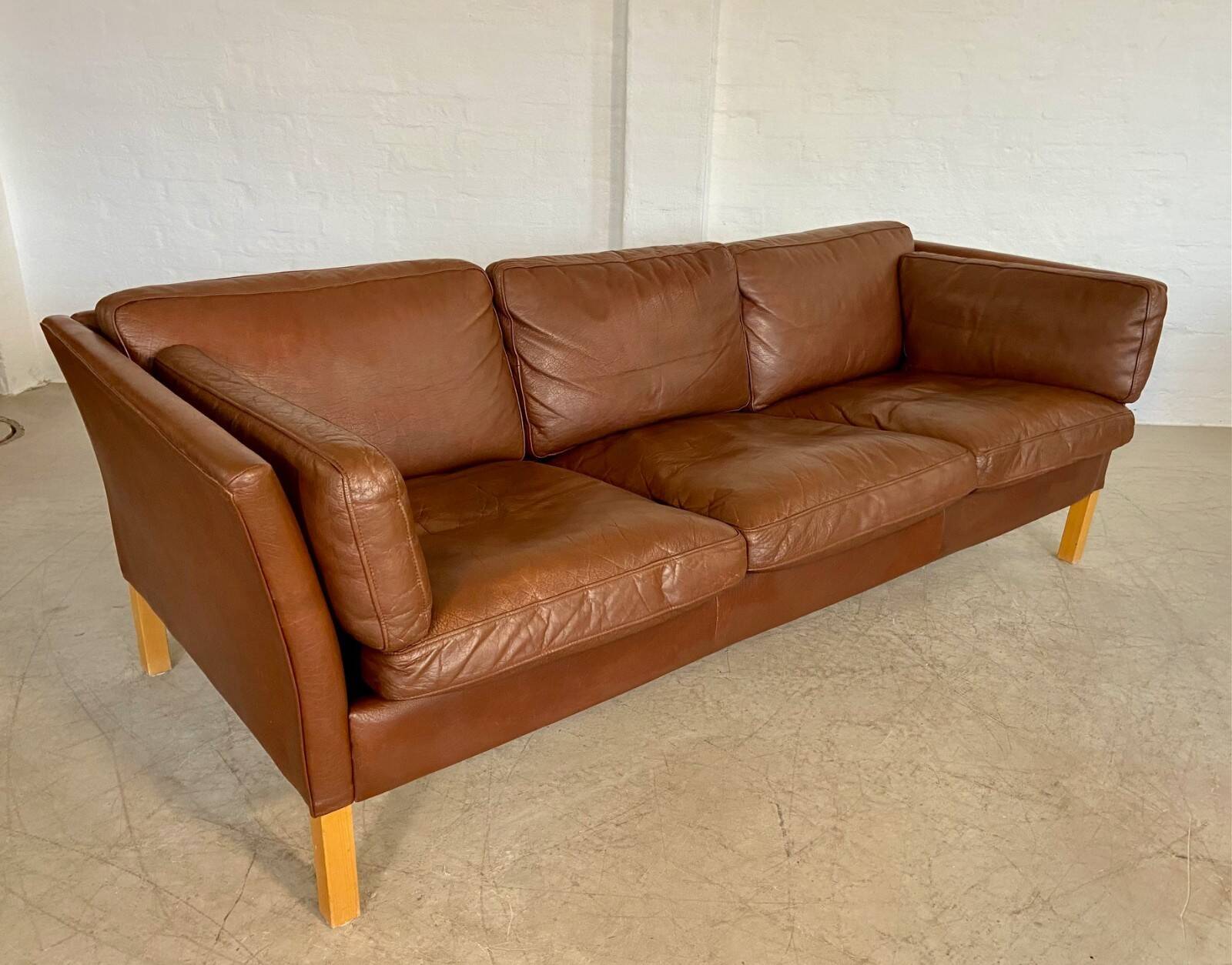 Danish mid-century vintage Mogens Hansen cognac brown leather sofa 60s