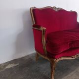 Ensemble banquette et 2 fauteuils style Louis XV en tissu rouge