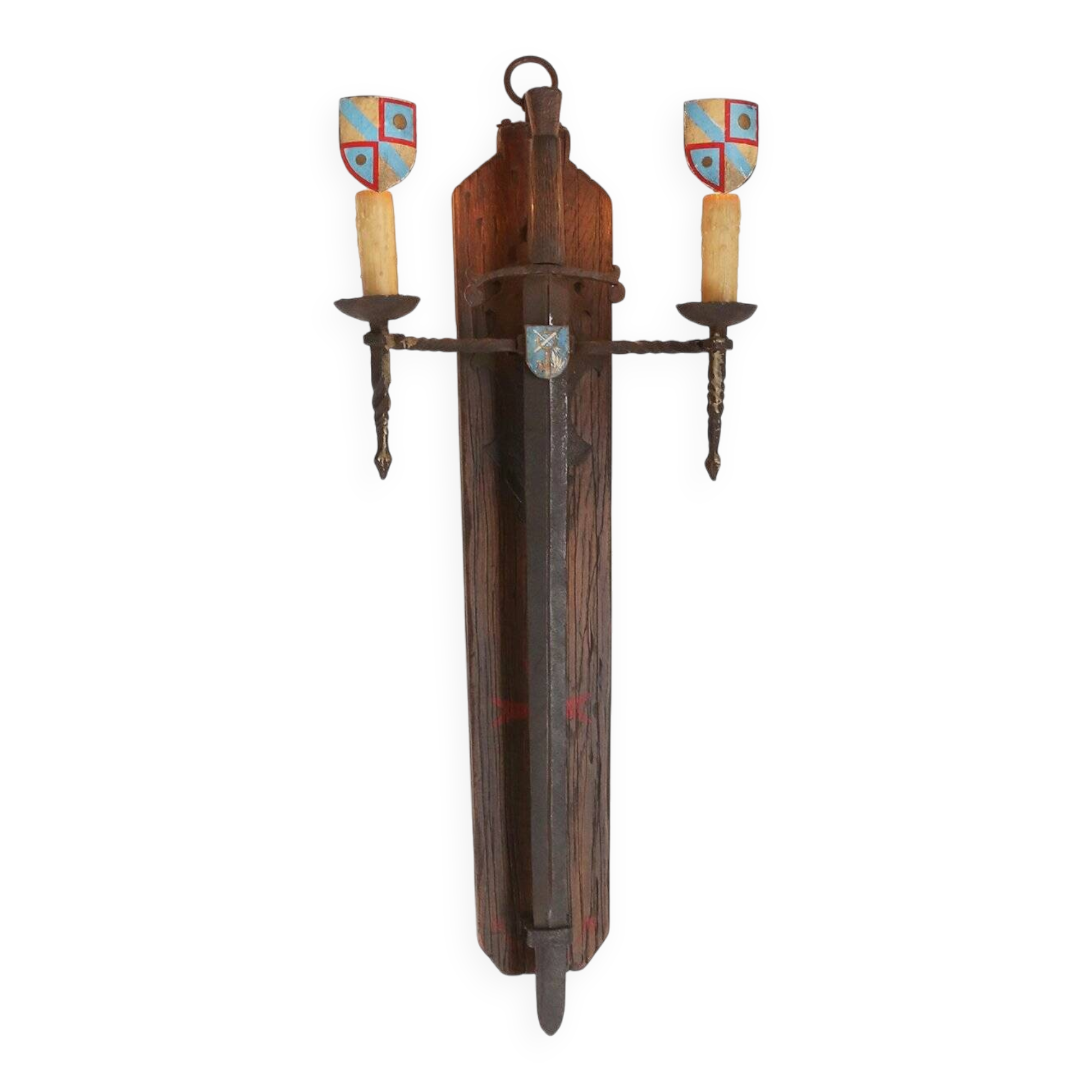 French 20th Century Large Wrought‑Iron Medieval Revival Wall Lamp with Swor