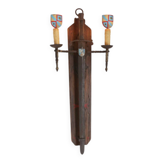 French 20th Century Large Wrought‑Iron Medieval Revival Wall Lamp with Swor