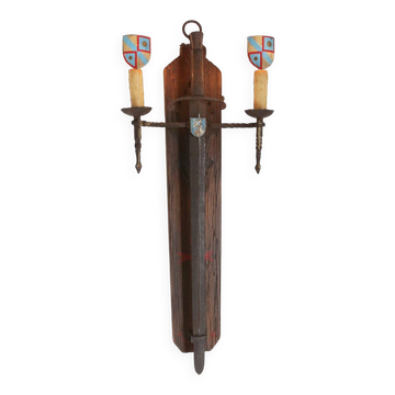 French 20th Century Large Wrought‑Iron Medieval Revival Wall Lamp with Swor